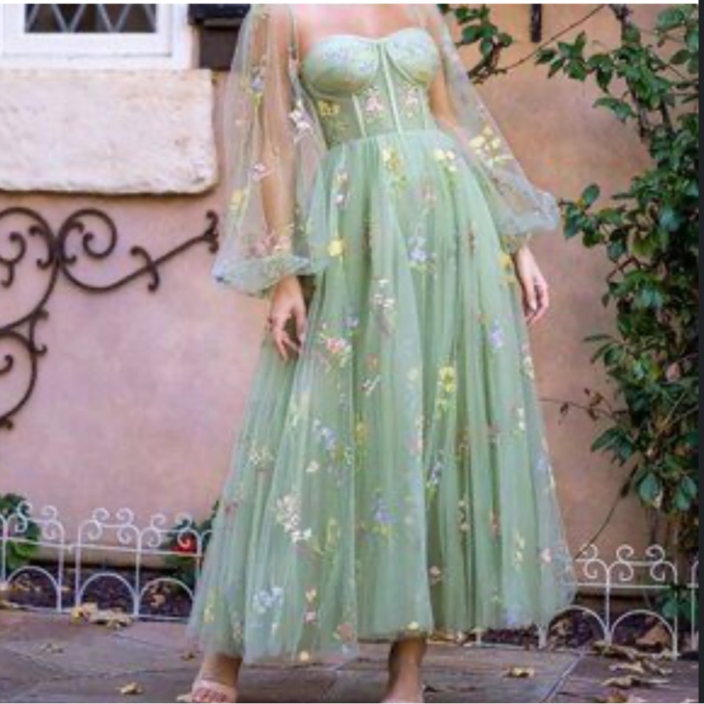 Elegant Sage Green Floral Tulle Midi Dress